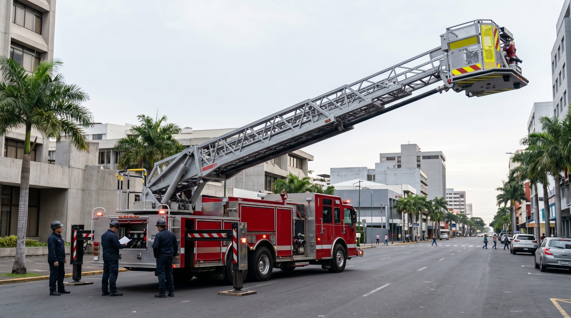 Aerial ladder fully deployed against a contemporary building