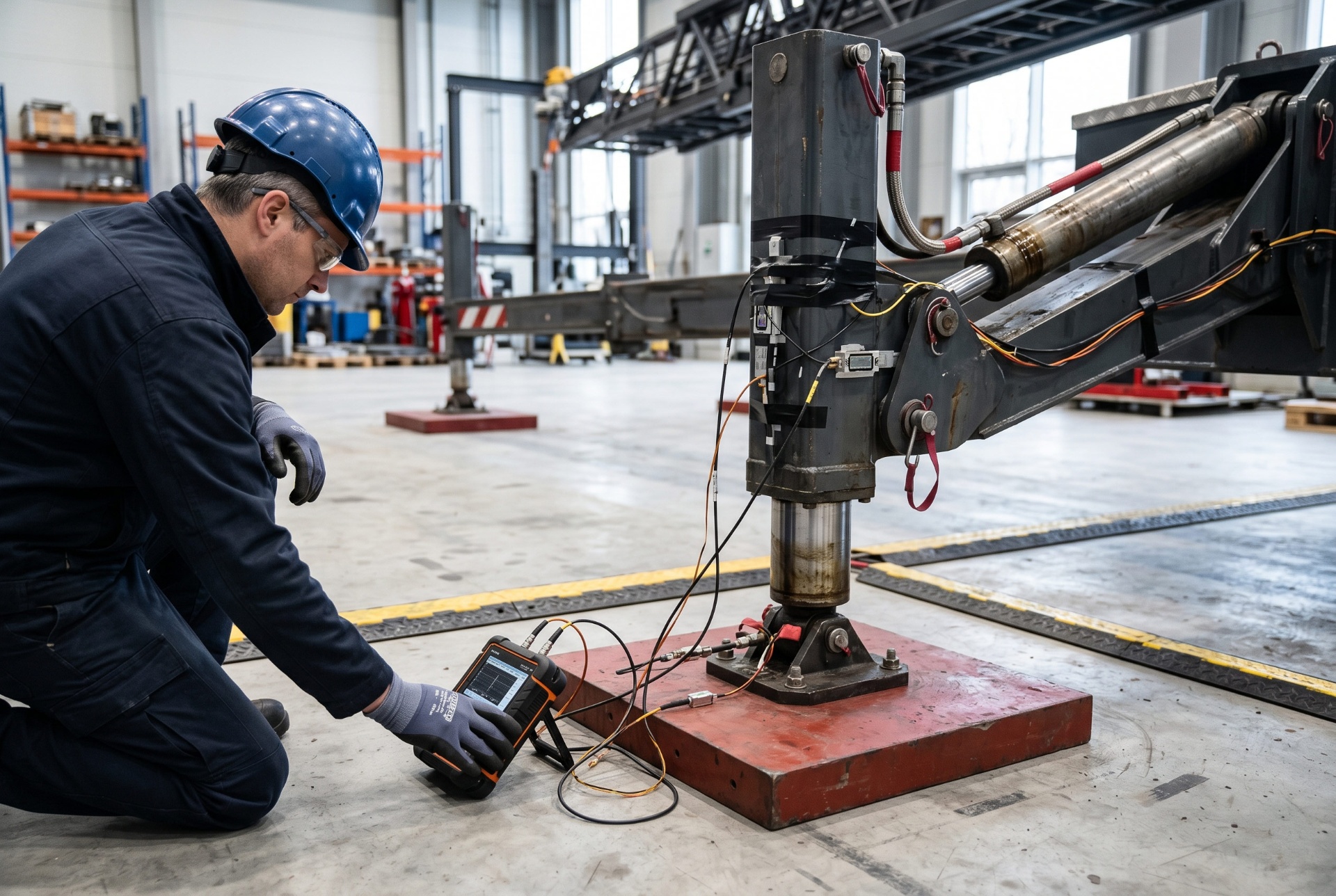 Engineer instrumenting a hydraulic stabilizer for validation testing